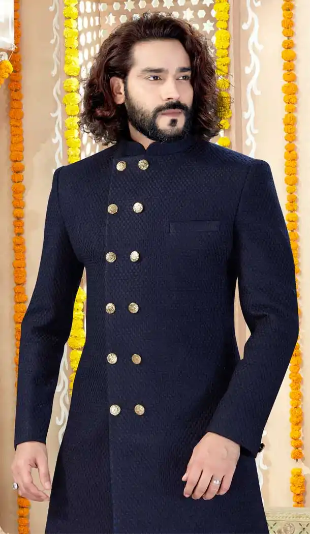 Navy Blue Color Banglore Silk Designer Indo Western Mens Sherwani -731690566