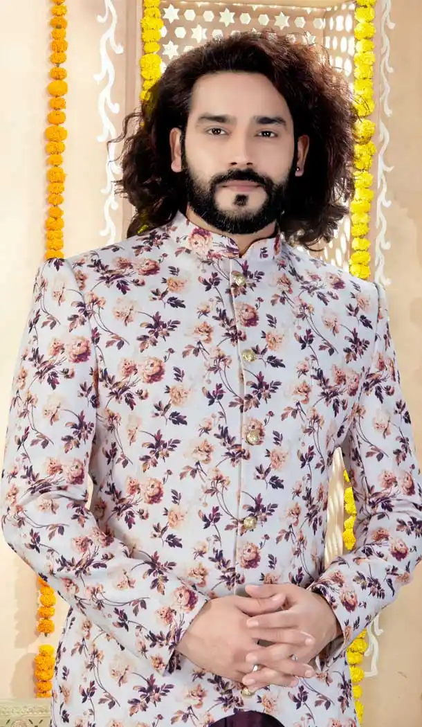 Off White Wine Color Printed Silk Designer Indo Western Mens Sherwani -731690567