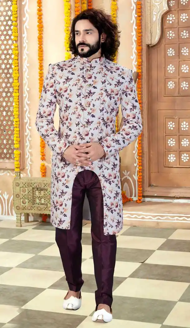 Off White Wine Color Printed Silk Designer Indo Western Mens Sherwani -731690567