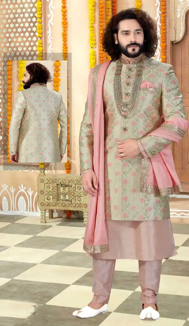Peach Light Pista Color Mercury Silk Designer Indo Western Mens Sherwani -731690569