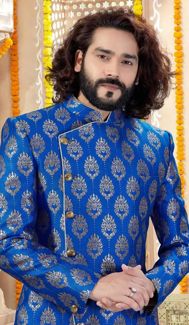 Flamboyant Royal Blue Color Jacquard Designer Indo Western Mens Sherwani -731690570