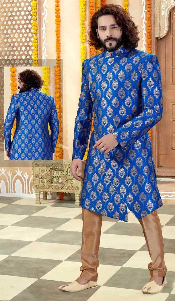 Flamboyant Royal Blue Color Jacquard Designer Indo Western Mens Sherwani -731690570
