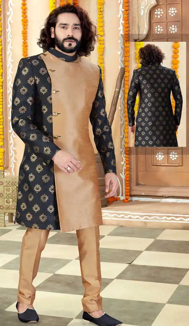 Unique Black Chikkoo Color Jacquard Designer Indo Western Mens Sherwani -731690571