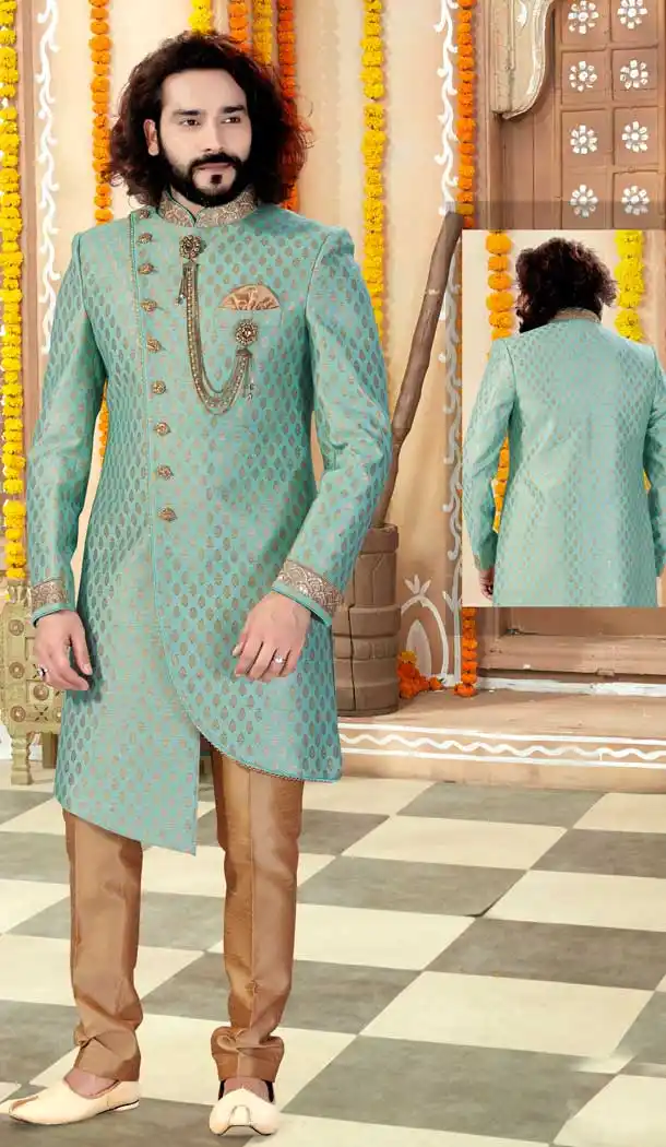Elegant Pista Green Color Jacquard Designer Indo Western Mens Sherwani -731690572