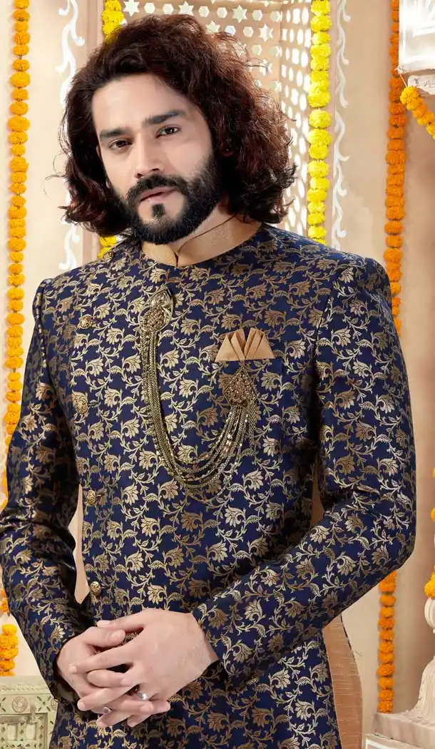 Enigmatic Navy Blue Color Jacquard Designer Indo Western Mens Sherwani -731690573