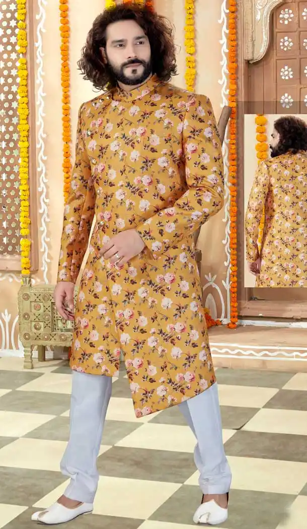 Chic Yellow Color Printed Silk Designer Indo Western Mens Sherwani -731690574