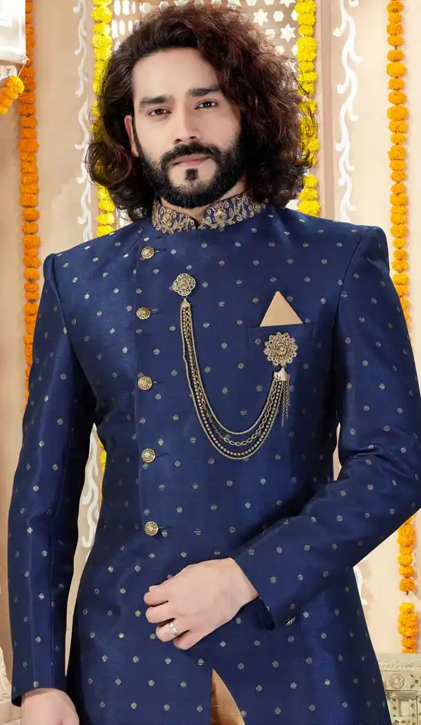Navy Blue Color Chanderi Jacquard Designer Indo Western Mens Sherwani -731690575