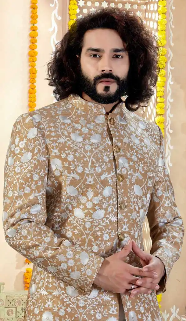 Majesty Chikkoo Color Art Silk Designer Indo Western Mens Sherwani -731690576