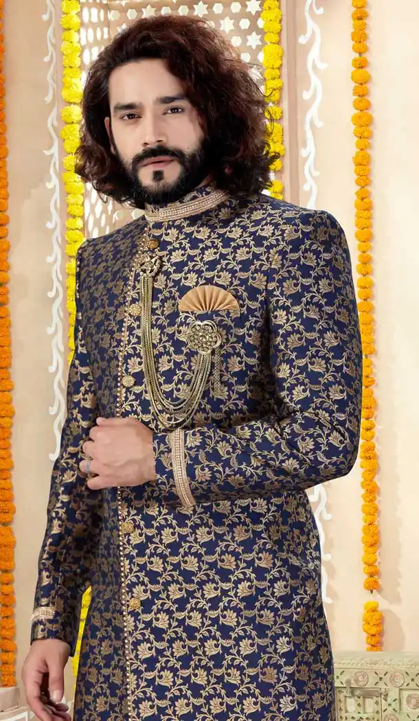 Exquisite Navy Blue Color Jacquard Designer Indo Western Mens Sherwani -731690577