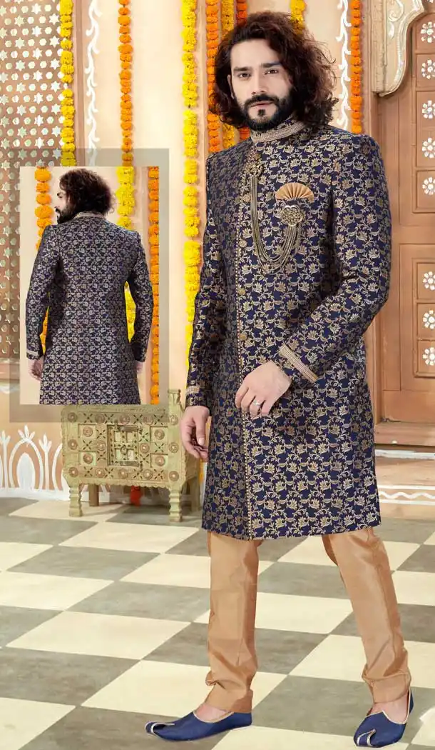 Exquisite Navy Blue Color Jacquard Designer Indo Western Mens Sherwani -731690577