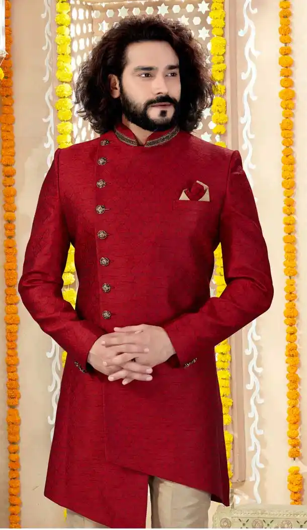 Maroon Color Jacquard Designer Indo Western Mens Sherwani -731690579