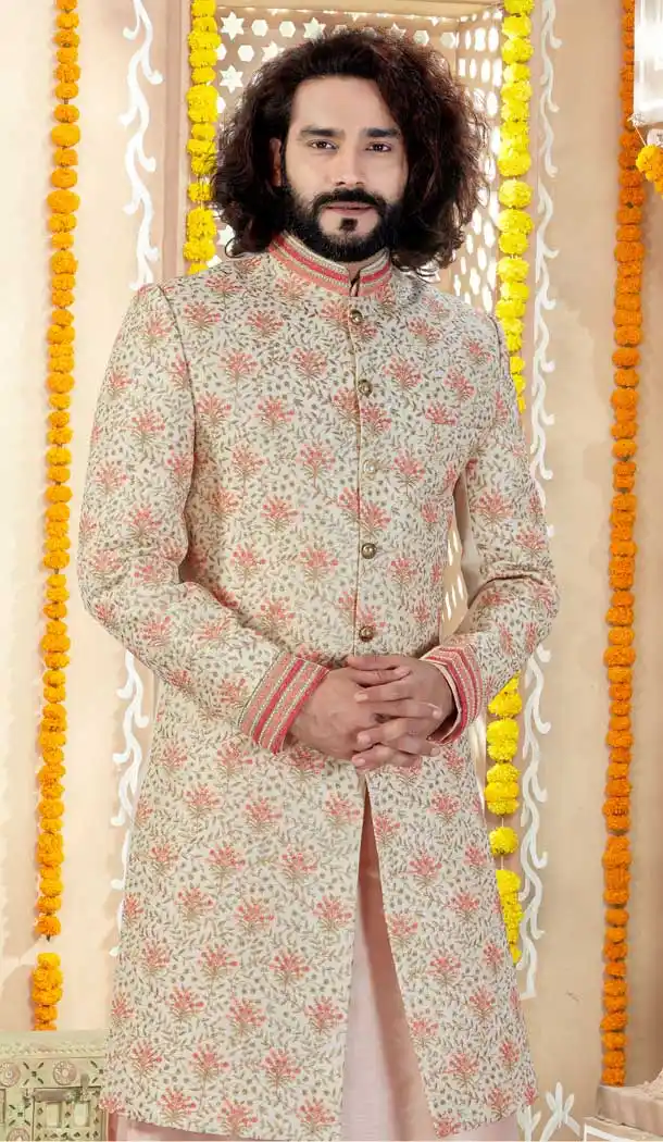 Peach Cream Color Mercury Silk Designer Indo Western Mens Sherwani -731690582