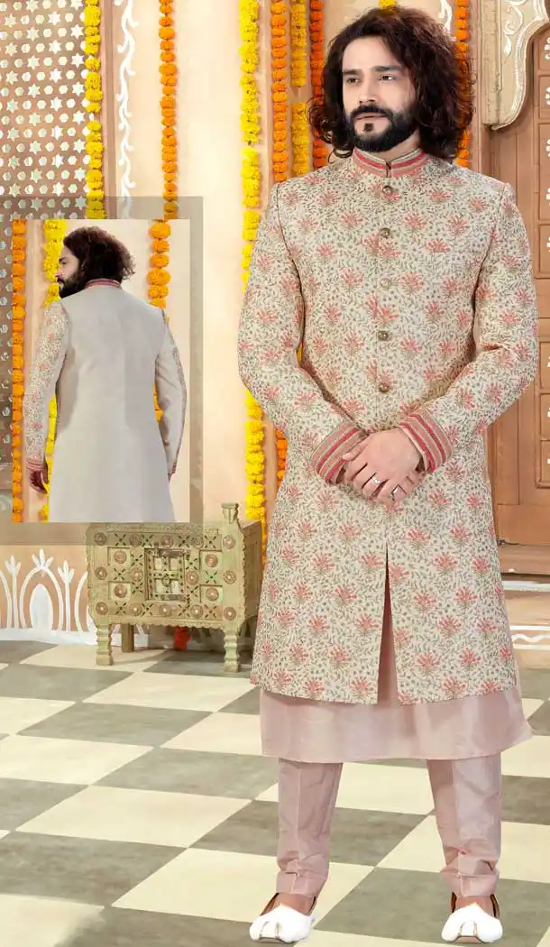 Peach Cream Color Mercury Silk Designer Indo Western Mens Sherwani -731690582