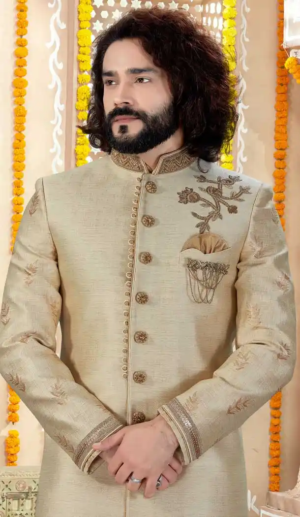 Gleaming Light Gold Color Art Silk Indo Western Mens Wear Sherwani -731790583