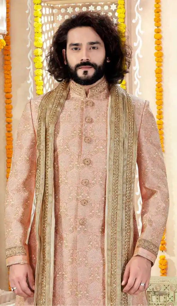 Light Gold Peach Color Art Silk Indo Western Mens Wear Sherwani -731790584