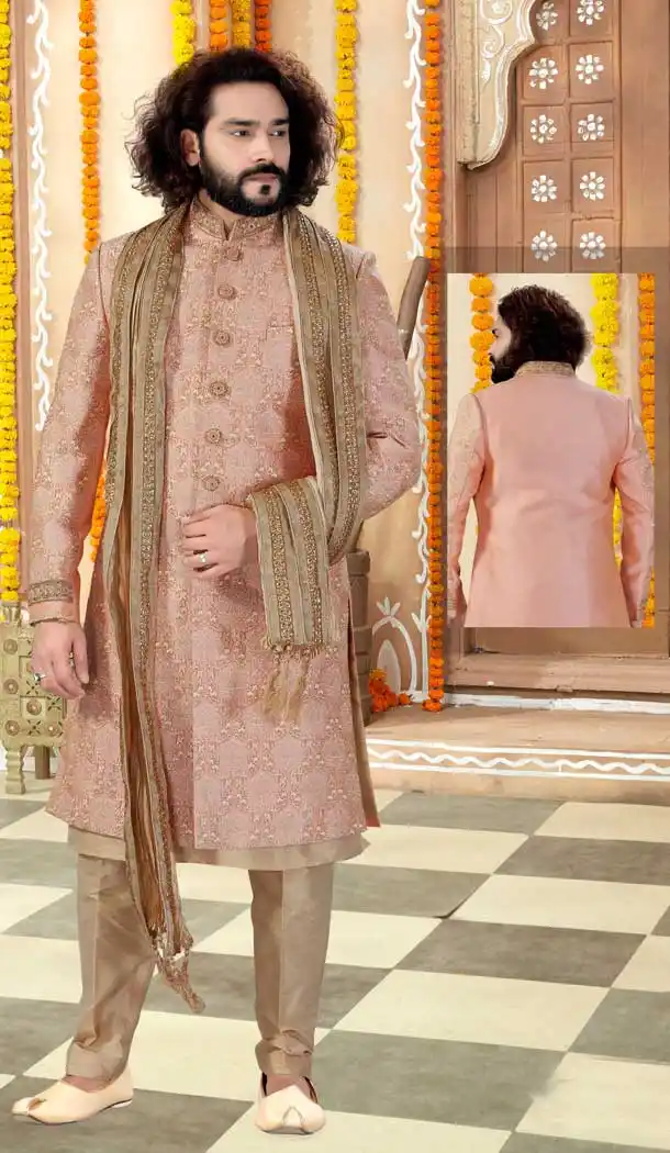 Light Gold Peach Color Art Silk Indo Western Mens Wear Sherwani -731790584