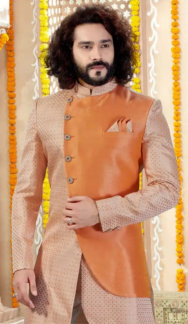 Peach Light Orange Color Jaquard Silk Indo Western Mens Wear Sherwani -731790586