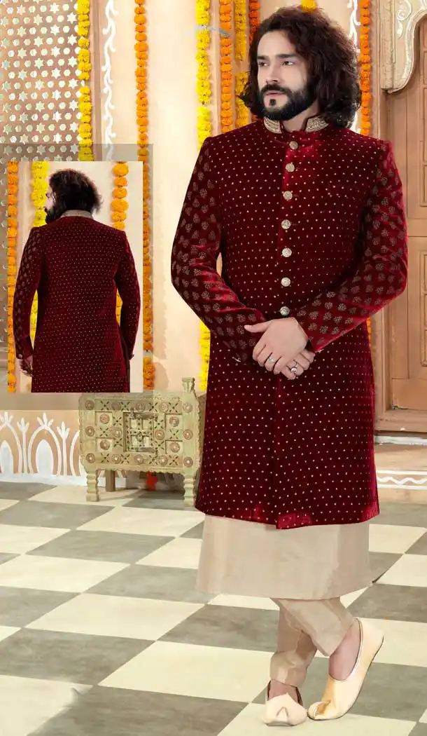 Light Gold Maroon Color Art Silk Indo Western Mens Wear Sherwani -731790587