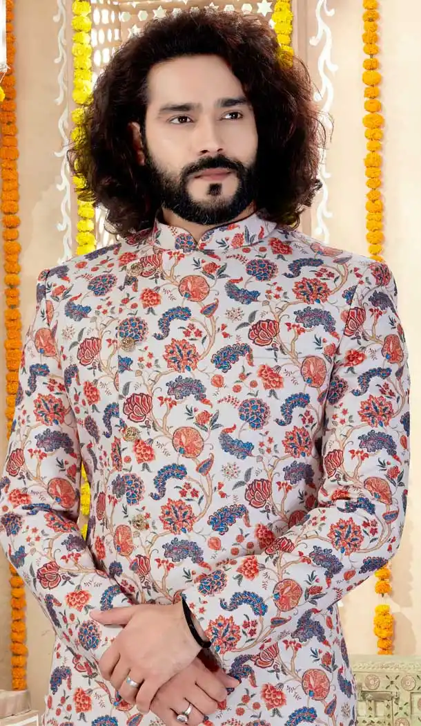 Off White Multi Color Printed Silk Indo Western Mens Wear Sherwani -731790588