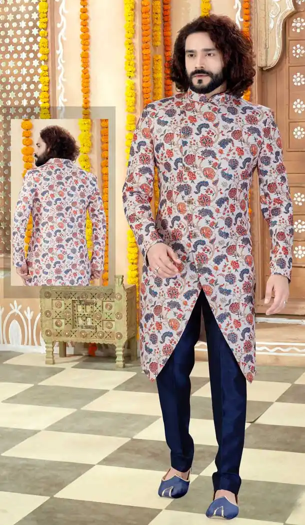 Off White Multi Color Printed Silk Indo Western Mens Wear Sherwani -731790588