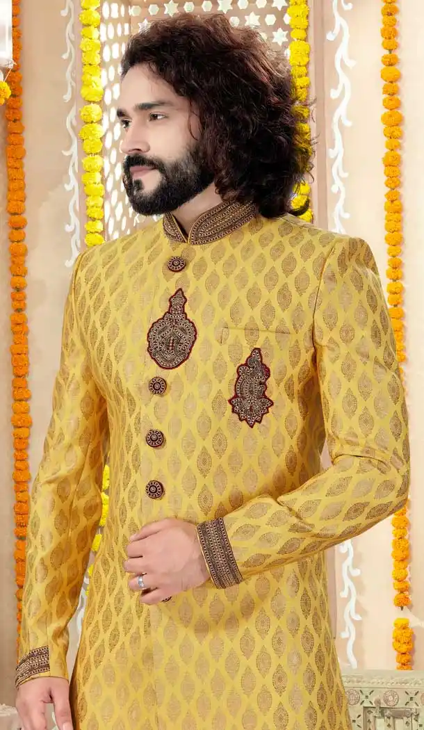 Sparkling Yellow Color Jaquard Indo Western Mens Wear Sherwani -731790589