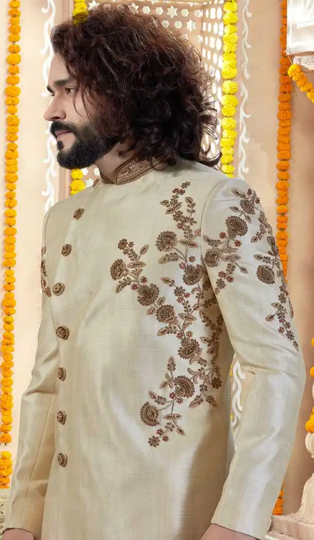 Divine Light Gold Color Silk Indo Western Mens Wear Sherwani -731790590