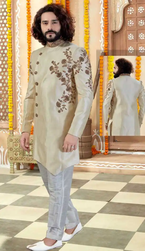 Divine Light Gold Color Silk Indo Western Mens Wear Sherwani -731790590