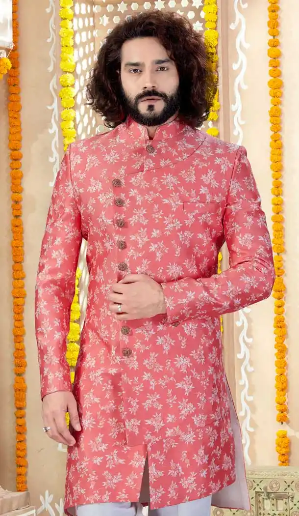 Charming Pink Color Silk Indo Western Mens Wear Sherwani -731790591