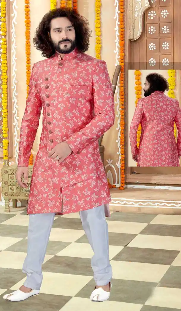 Charming Pink Color Silk Indo Western Mens Wear Sherwani -731790591