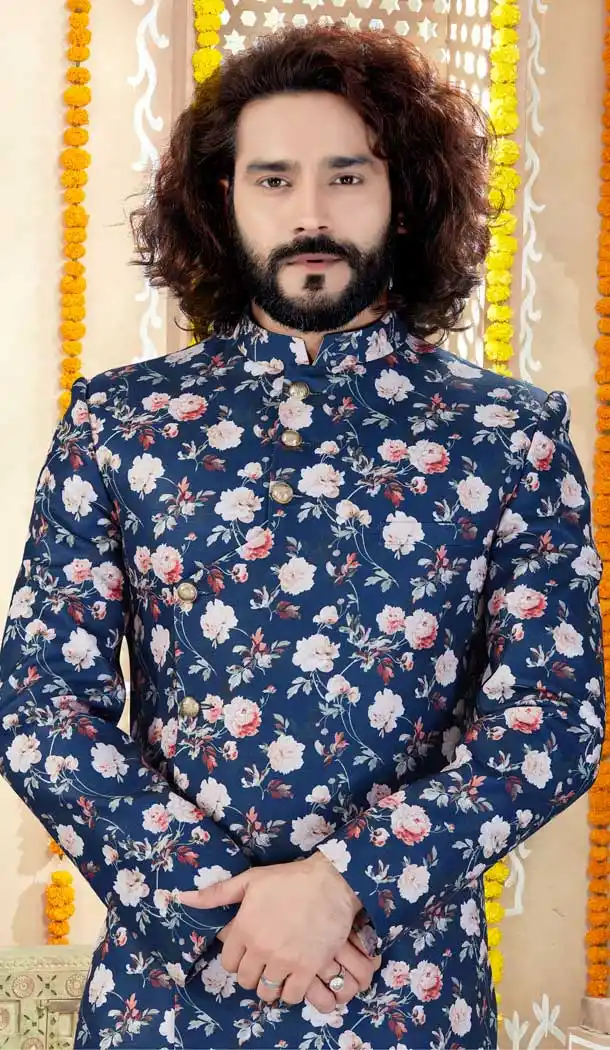 Fascinating Navy Blue Color Printed Silk Indo Western Mens Wear Sherwani -731790592
