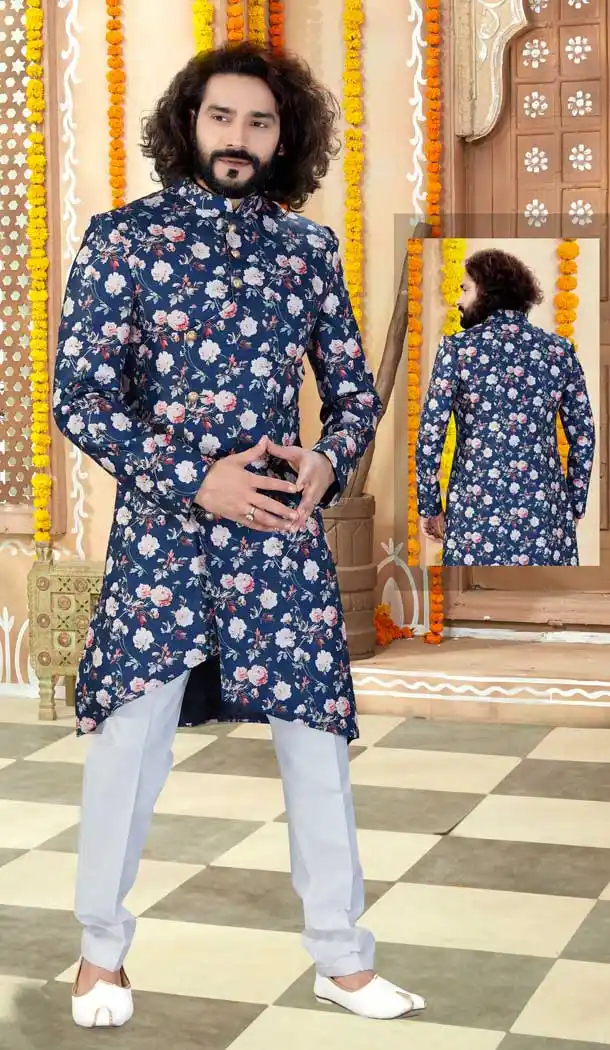 Fascinating Navy Blue Color Printed Silk Indo Western Mens Wear Sherwani -731790592