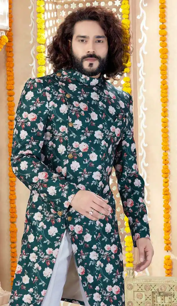 Bottle Green Color Printed Silk Indo Western Mens Wear Sherwani -731790593