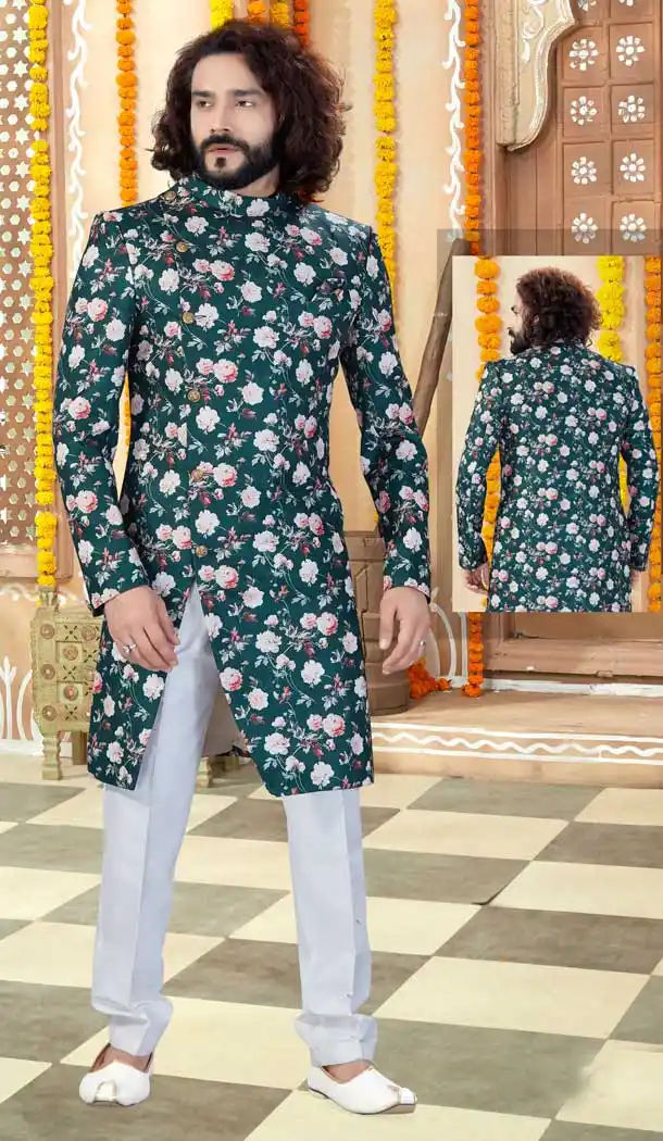 Bottle Green Color Printed Silk Indo Western Mens Wear Sherwani -731790593