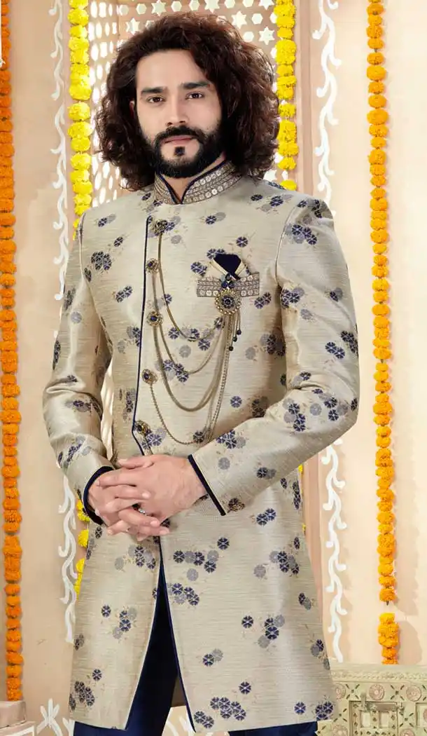 Aesthetic Gold Color Jaquard Indo Western Mens Wear Sherwani -731790594