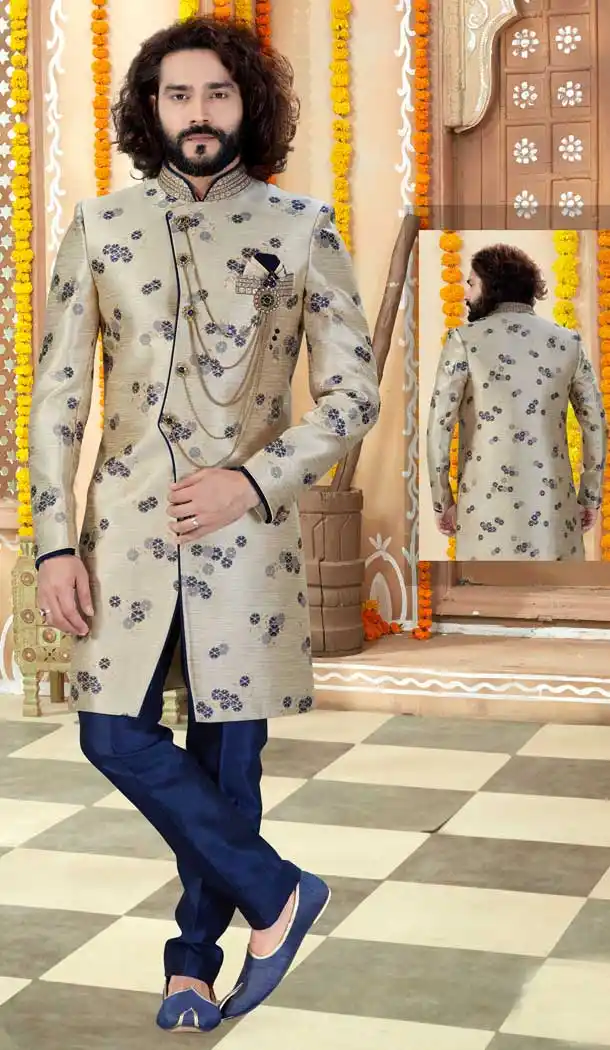 Aesthetic Gold Color Jaquard Indo Western Mens Wear Sherwani -731790594