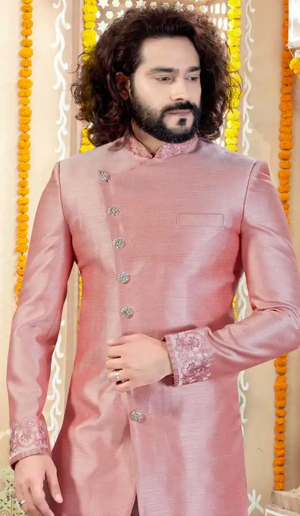 Alluring Pink Color Art Silk Indo Western Mens Wear Sherwani -731790595