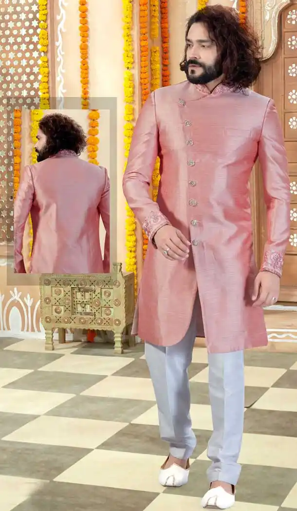 Alluring Pink Color Art Silk Indo Western Mens Wear Sherwani -731790595