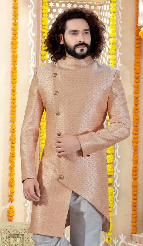 Peach Color Jaquard Indo Western Mens Wear Sherwani -731790597