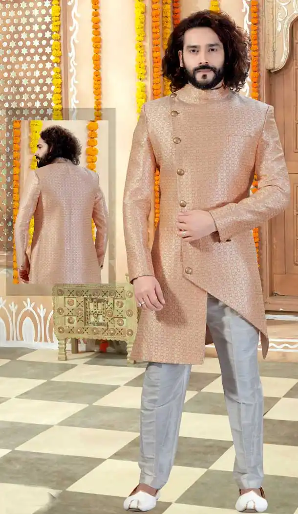 Peach Color Jaquard Indo Western Mens Wear Sherwani -731790597