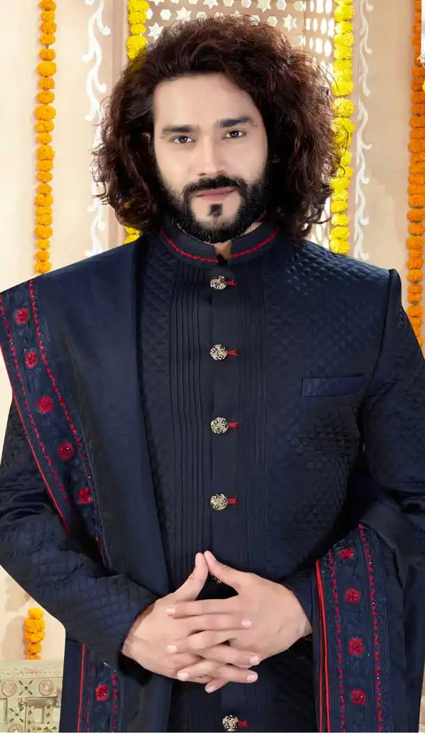 Navy Blue Color Banarasi Silk Indo Western Mens Wear Sherwani -731790598