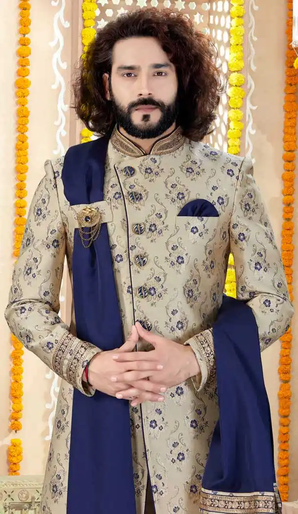 Ethnic Gold Color Jaquard Indo Western Mens Wear Sherwani -731790600