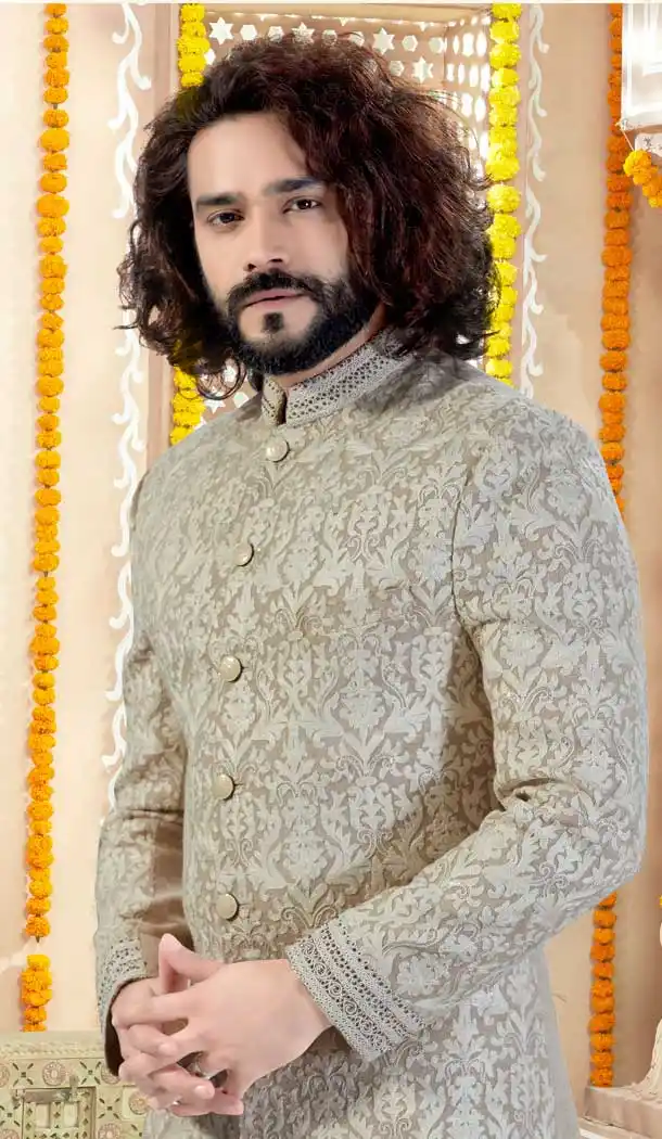 Beige Color Imported Silk Indo Western Mens Wear Sherwani -731790602