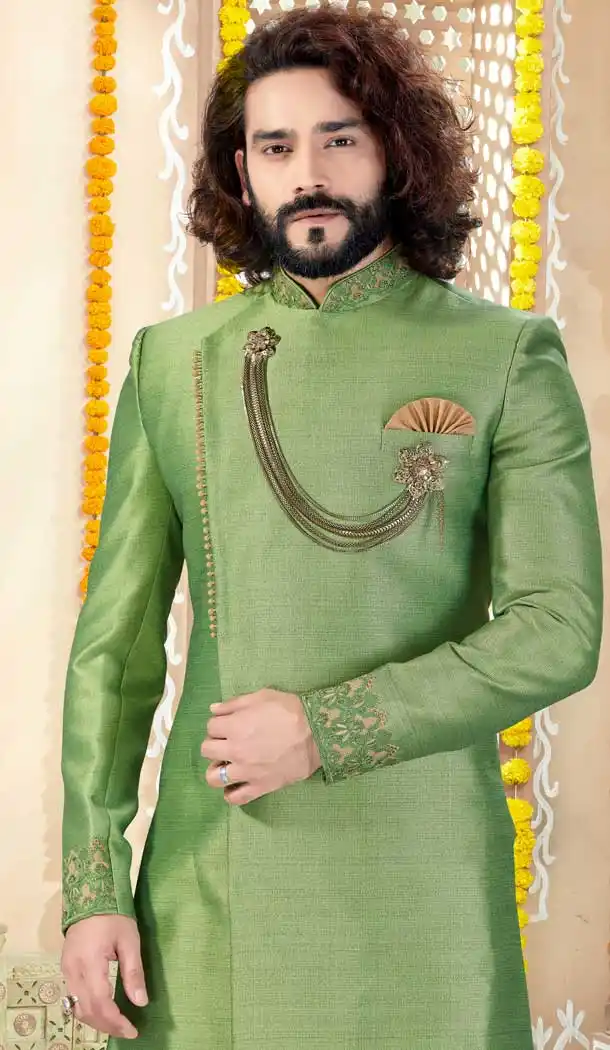 Light Green Color Imported Silk Indo Western Mens Wear Sherwani -731790604