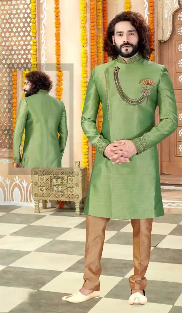 Light Green Color Imported Silk Indo Western Mens Wear Sherwani -731790604