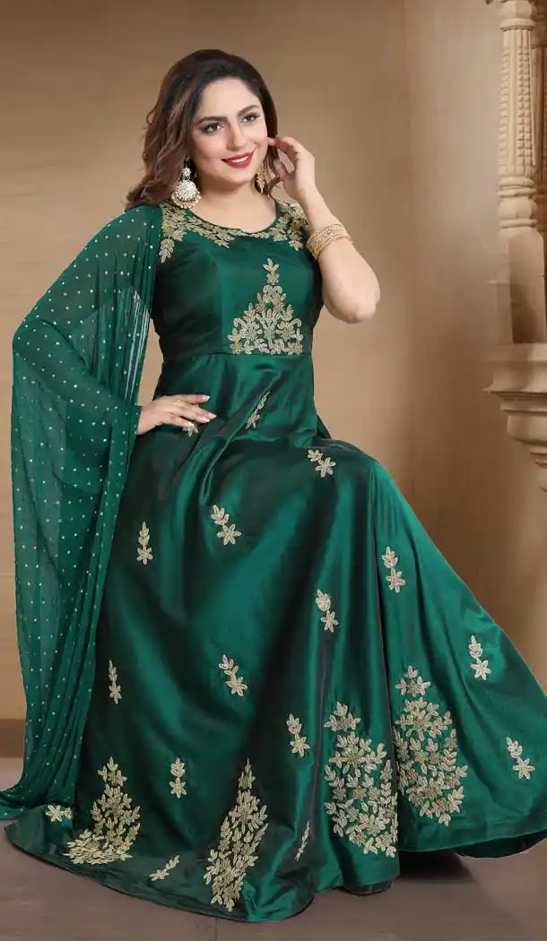 Bottle Green Color SatinTaffeta Designer Readymade Plus Size Salwar Kameez -726489929