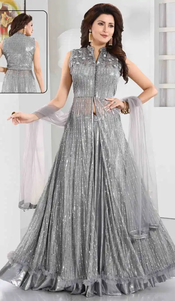 Grey Color Imported Net Designer Readymade Plus Size Salwar Kameez -726489938