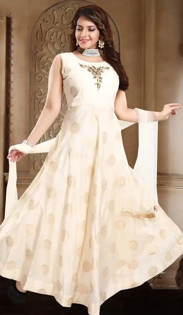 Cream Color Banarasi Silk Designer Readymade Plus Size Salwar Kameez -726489939