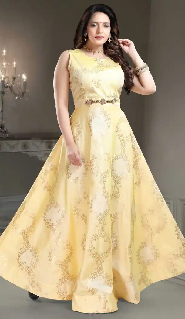 Lemon Color Brocade Silk Designer Readymade Plus Size Salwar Kameez -726489942