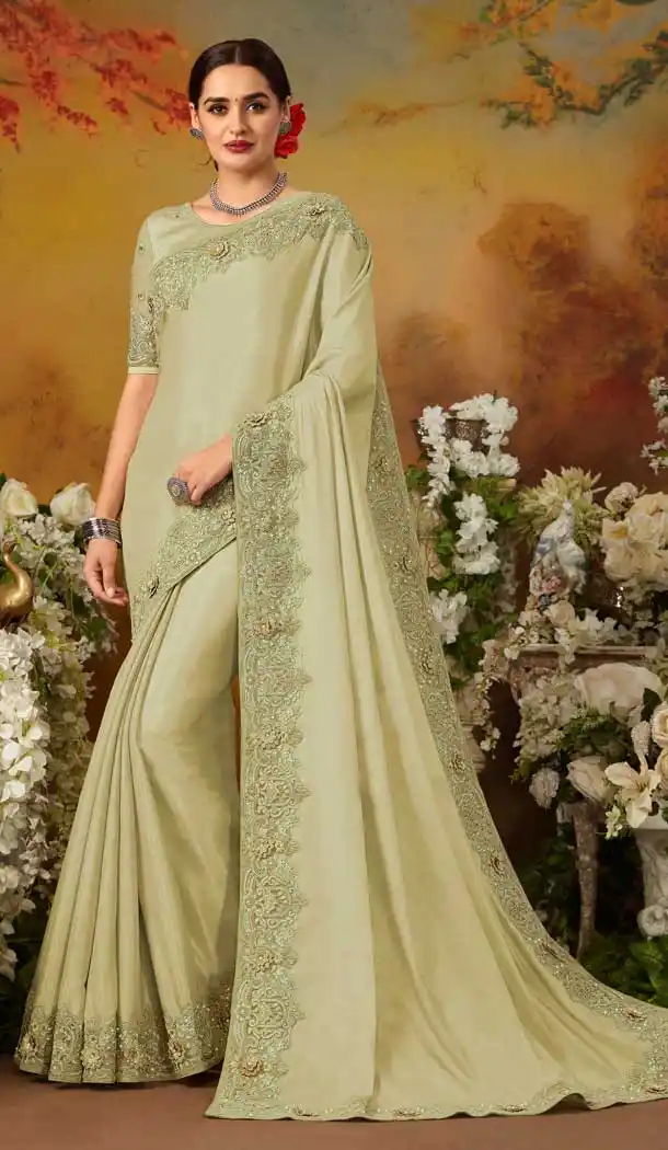 Adorable Pista Green Color Pure Silk Designer Party Wear Saree Blouse -729090252