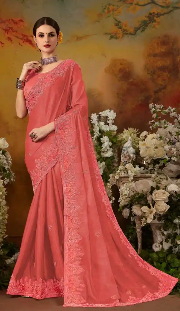 Flamboyant Coral Pink Color Pure Silk Designer Party Wear Saree Blouse -729090253